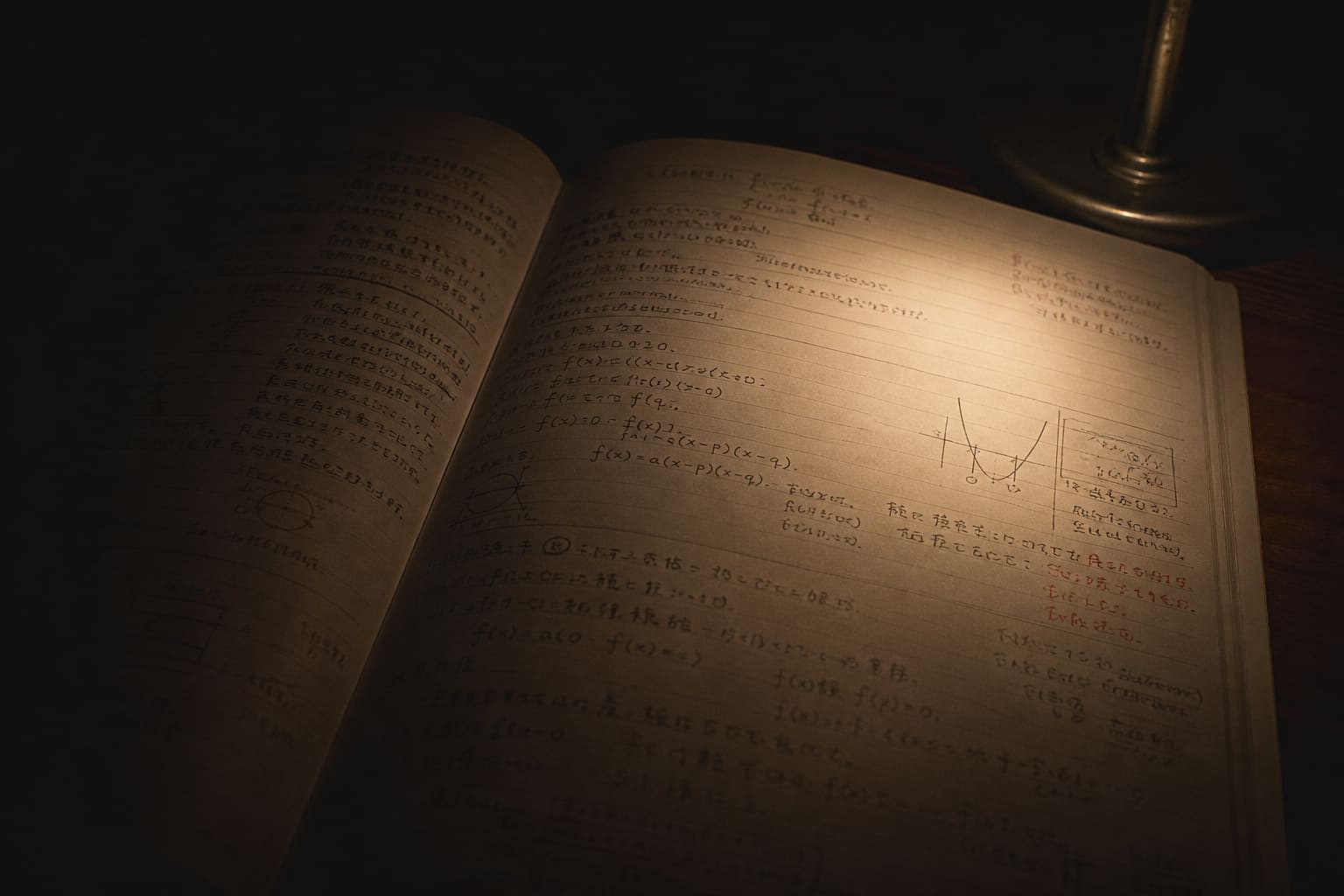デスクライトに照らされた学習ノート