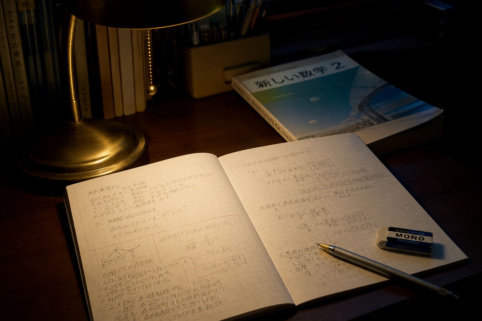 デスクライトの下に置かれた学習机