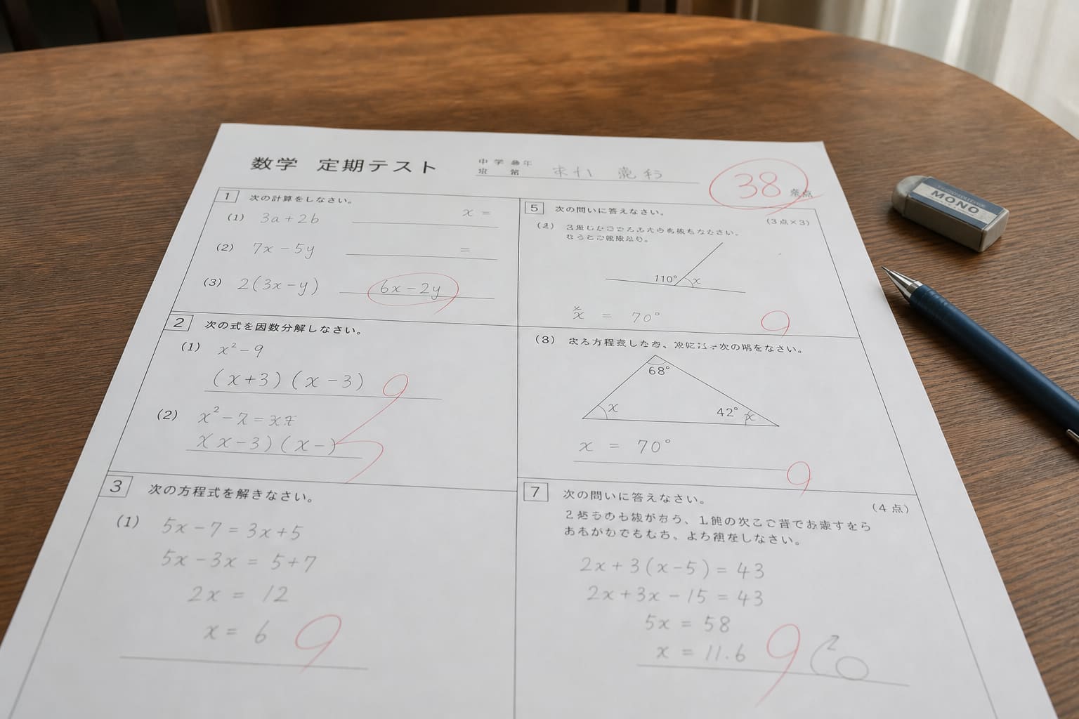 赤ペンで採点された定期テストの答案